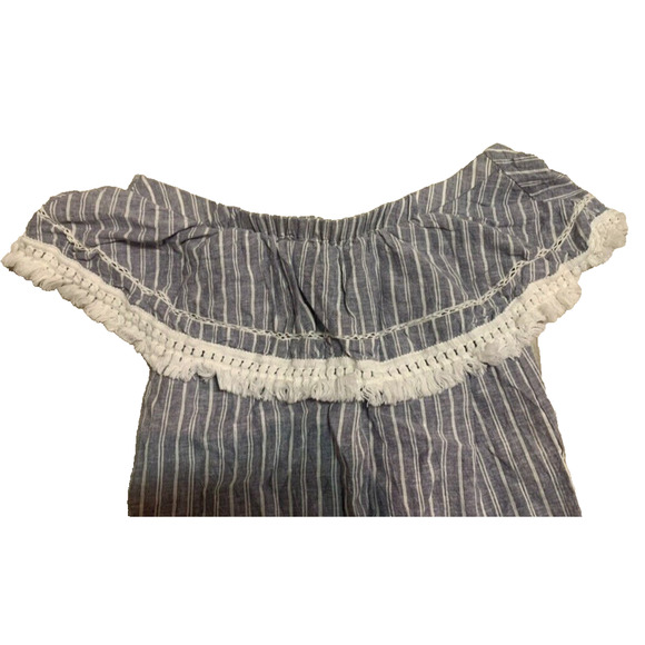 1. State Cotton Linen Boho Blouse Womens XS Extra-Small Fringe BlueWhite Striped - Picture 4 of 9